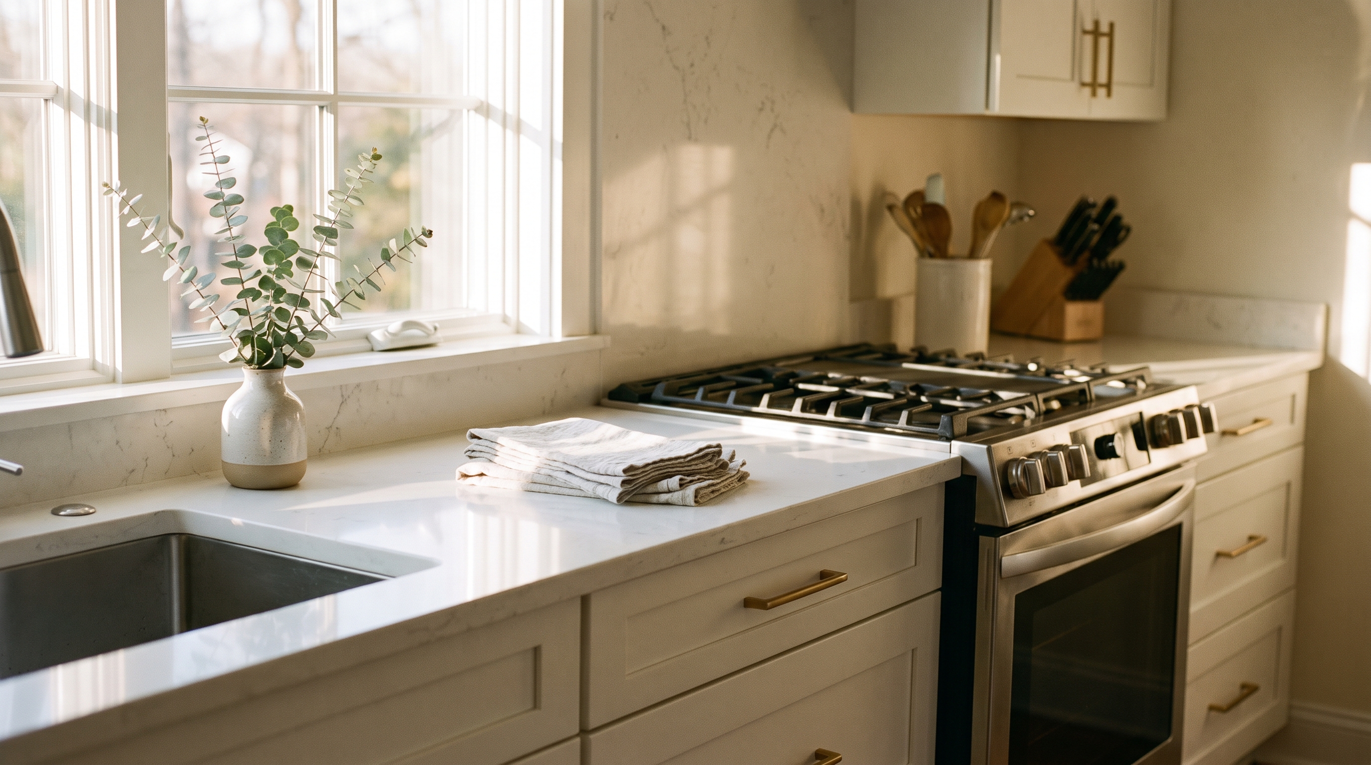 A bright, organized modern kitchen with white quartz counters, freshly cleaned
